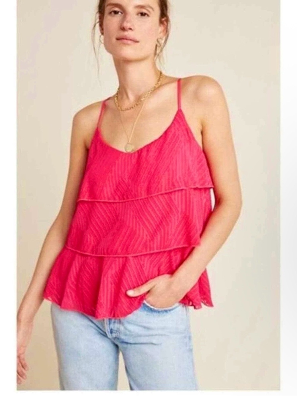 Anthropologie Amadi Pink Ruffled Textured Camisole Cami Small USA Barbiecore EUC